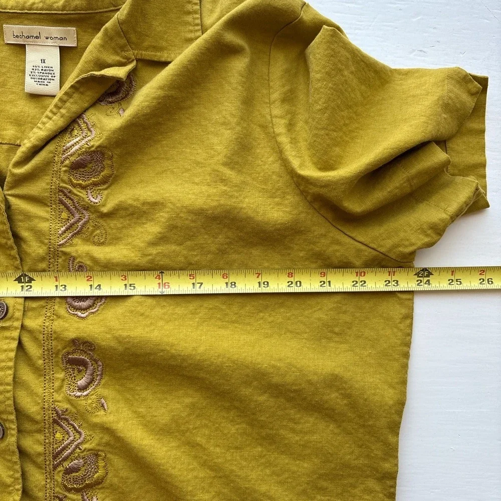 Womens 1X Shirt Mustard Yellow 90s Vintage Linen Blend Collar Embroidered Short - Picture 5 of 6